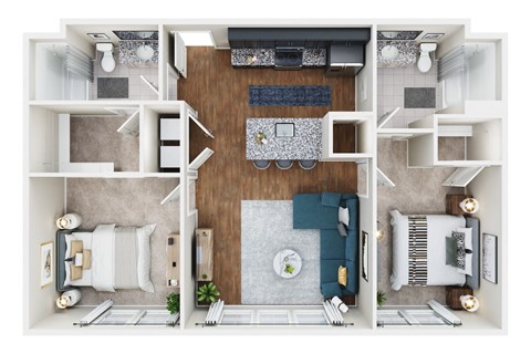 a 3d floor plan of a bedroom with furniture and a living room